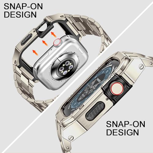 Image of BAITEYOU Stainless Steel Watch Band with Case Compatible with Apple Watch Series 11 10 42mm, Rugged Strap with Metal Protective Bumper Cover for iWatch Bands Men (Titanium Color)