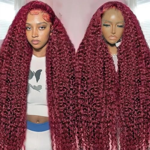 Image of Nsvnsv Burgundy Wig Human Hair 99j Burgundy 13x6 Deep Wave Lace Front Wigs Human Hair Pre Plucked 180% Density HD Transparent Lace Frontal Wigs for Black Women Red Colored Wig 38 Inch