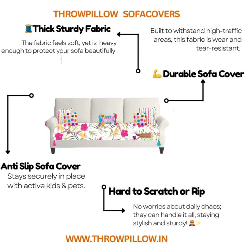 Image of Neutral Tropical Floral Sofa Cover Tassels: Modern 6 Seater Corner Sofa Protector: , Slip-Resistant & Stylish & Functional: Fits 3+2 Seater+Corner Sofa, Coverage: Seat- Set of 2 Seat Covers