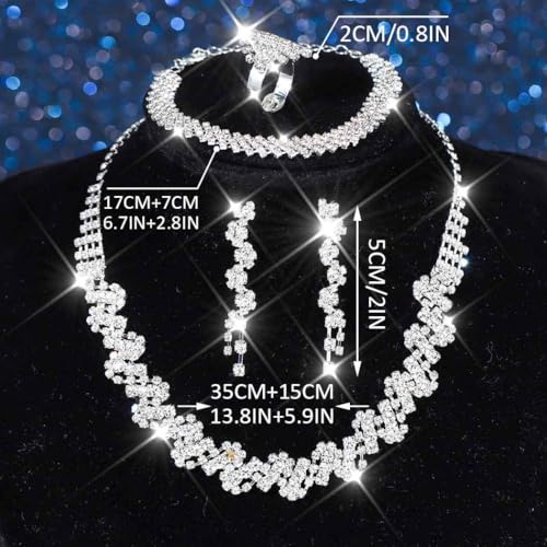 Unicra Rhinestone Bridal Wedding Jewelry Set Silver Necklace Earrings Bracelet Ring Sets Prom Formal Costume Jewelry Sets for Women and Brides2