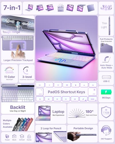 Image of typecase Keyboard Case for iPad Air 13-inch, Trackpad, 360 Rotating | For iPad Air 13 inch M4 /M3 /M2, 11‑Color Backlit Keys, Pencil Holder, 7 Modes, Light Purple, for Work, School, Travel, Drawing