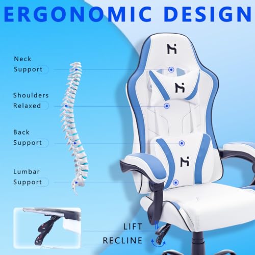 Gaming Chair, Office Chair High Back Computer Chair Leather Video Game Desk Chair Racing Executive Ergonomic Adjustable Swivel Task Chair with Headrest and Lumbar Support, White Blue - Image 6