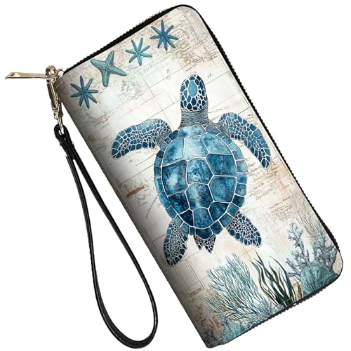 RFID Blocking Leather Wallet for Women – Large Capacity Zip Around Clutch with 8 Card Slots,13 Cash Pockets & Coin Zipper,Sea Turtle Illustration
