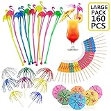 160 PCS Cocktail Party Decorations Pack with Flamingo Cocktail Stirrers Drink Umbrellas Sticks Foil...