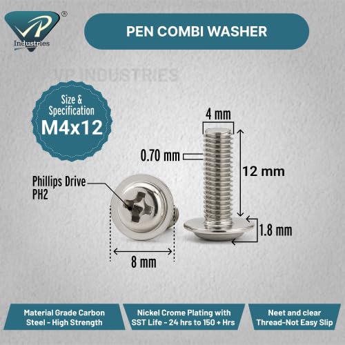 Image of By inchVP INDUSTRIES inch (Pcs-25) M4x12 mm Pan Head Combination Washer Screws, Durable Steel Fasteners with Built-In Washer, Phillips Drive Screws for Sheet Metal, Machinery & DIY Projects