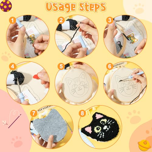 Image of WATINC Craft Punch Needle Coaster Kit, 22Pcs Easy Art Work Decor Craft Supply for Beginners, DIY Set of 6 Kitten Head Pattern Tufted Rug Pads with Adhesive Felt Yarns Embroidery Hoop Tools Instruction