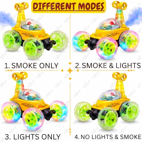 Image of toyco Rechargeable 360 RC Stunt Car for Kids | 5 Modes with Smoke & LED Lights | Dual-Side Rotating Remote Control Car | 2.4GHz Long Range (75+ Ft) | Off-Road Stunt Toy for Boys Girls 3-10 (Yellow)