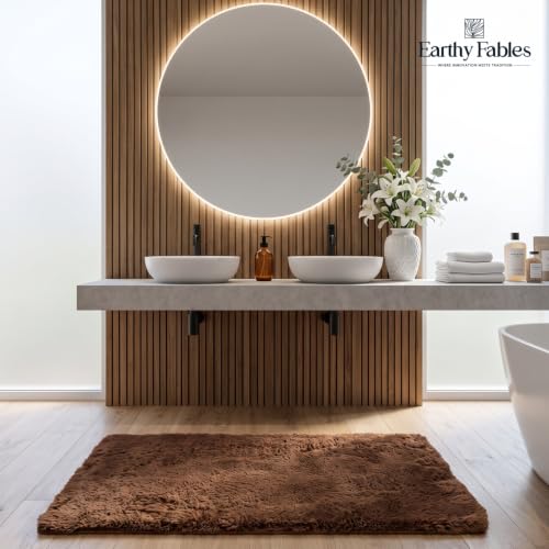 Image of Earthy Fables Plush Microfiber Bath Mat, Quick Dry, Anti-Skid, Water Absorbent, Non-Slip, Machine Washable Floor Rug, Shower Mat, Door Mat for Bathroom, Bedroom, 75 x 45 cm - Brown