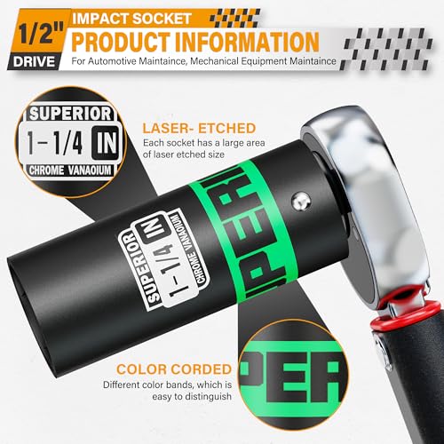 Image of 1 /2 inch Drive Impact Socket, 1-1 /4 inch Deep Socket, SAE, 6 Point, CR-V, for Car Repair, Loosen the Fastening Nut