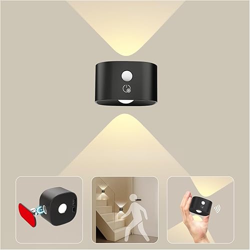Apliques de pared con fuente de luz UP&Down con sensor de movimiento, luces LED inalámbricas de noche de pared con rotación de 360 y funciona con