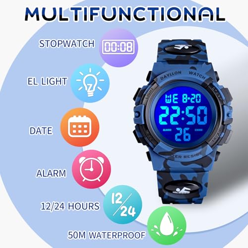Image of Dayllon Kids Digital Watch Boys Outdoor Sports 50M Waterproof Girls Watches Alarm Clock 12 /24 H Stopwatch Calendar for Ages 3-15 Boy Girl Wristwatch Kids Gift