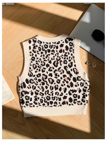 WDIRARA Girl's Leopard Sweater Vests Crew Neck Sleeveless Knit Tank Tops2
