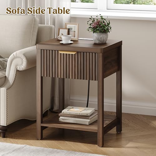 Night Stand Set 2, Fluted Wood Nightstands w/Charging Station for Bedroom - Image 5