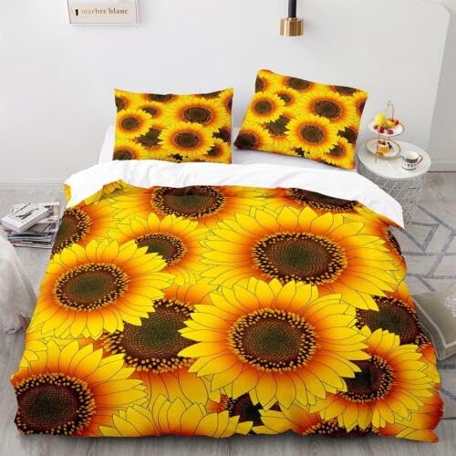 Parure de lit 240 x 260 anti-plis en microfibre douce avec housse de couette tournesol