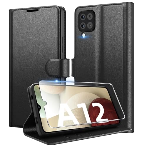Eirltiy Cover per Samsung Galaxy A12 / M12 Portafoglio Pelle PU Premium, Custodia Scomparti Carte Antiurto Protettiva Case con 1 Vetro Temperato, Nero