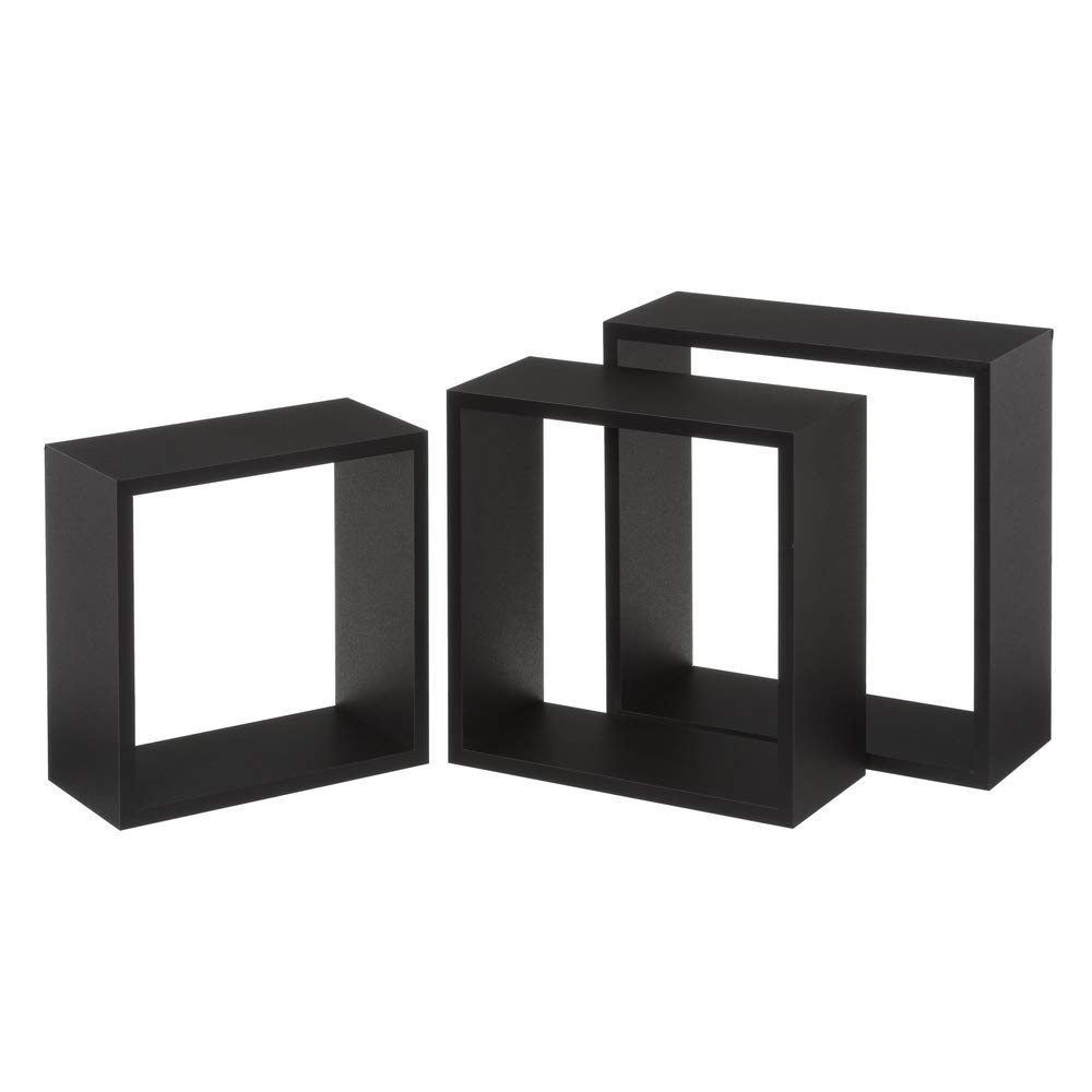 LOLAhome Set de 3 Estantes Cubo Grandes de Madera MDF Negros/Capacidad 5 kg / 2 Tamaños Disponibles/Incluye herrajes de Pared/Estantes Flotantes con 3 Medidas 25, 20 y 15 cm