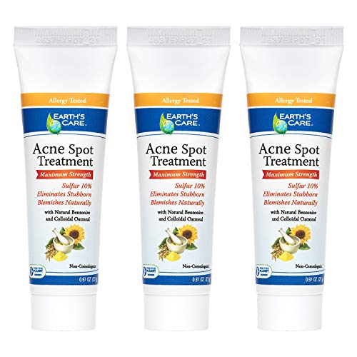 Earth's Care Acne Spot Treatment - 10% Sulfur Cream Medication to Clear Cystic Acne, Pimples and Blackheads on Face and Body (Tube 0.97 OZ) - 3 Pack
