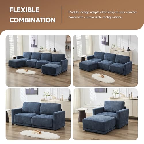 Image of 143.8 inch Modular Sectional Sofa Modern Chenille U Shaped Couch with Thickened Seat Cushions, Easy Assembly, Upholstered 6 Seater Couch with 2 Movable Ottomans for Living Room, Blue