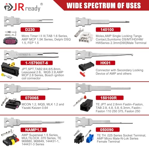 Image of JRready ST5354 Pin Removal Tool Automotive Terminal Removal Tool Kit - for TE Micro Timer, JPT, MQS, MCON 1.2, Sumitomo, Yazaki Kaizen 0.64, Bosch Ignition Coil Connector, 8Pcs Replacement Tips
