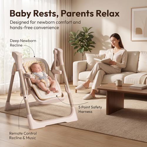 Image of StarAndDaisy 2-in-1 Baby High Chair for Boy & Girl with Automatic Swing Cradle, Foldable Feeding Chair, Removable Dining Tray, Adjustable Backrest & Footrest for Infants & Toddler-Beige