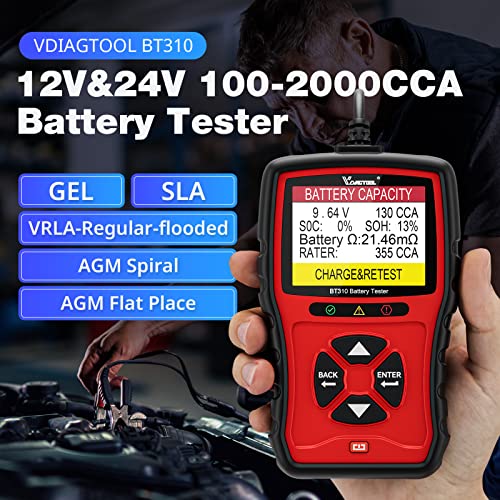 Vdiagtool Bt310 12V 24V Car Battery Tester Load Tester 100-2000 Cca Automotive Alternator Tester Digital Battery Analyzer Charging Cranking Test For Truck Atv Suv #TOP1