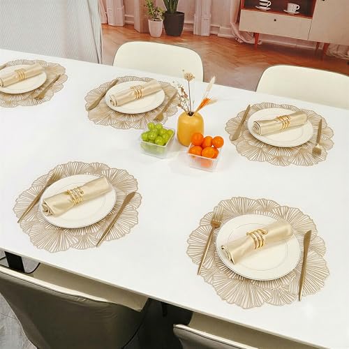 Image of Yellow Weaves 2 Pcs PVC Bloom Petal Design Table Placemat, Dining Table Mat, Anti-Skid, Washable, Dining, Kitchen, Restaurant Table Set Easy to Clean, Durable (Golden)