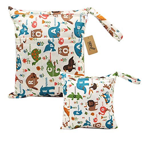 iZiv 2 Paquete Bebé Prueba de Agua Reutilizable Wet Dry Bag, Bolsas para Pañales, Reutilizable Impermeable Lavable Suspender Grandes Organizador Doble Cremallera Impresión Bolsa de Pañales
