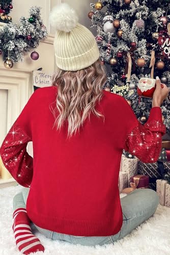 Women's Racing Red Merry Graphic Turtleneck Sweater with Sequin Sleeves3