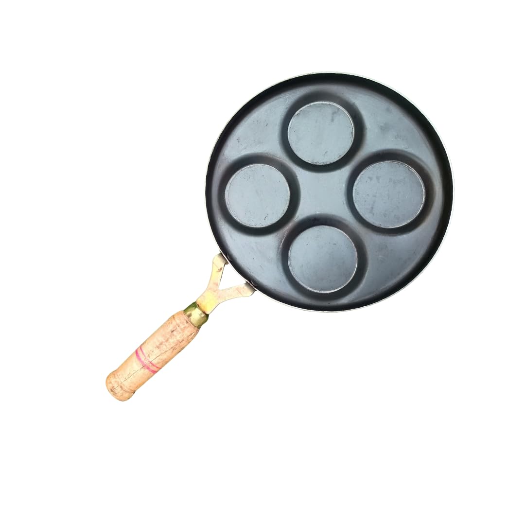 Cast Iron Mini Uthappam Pan with Handle – 4 Cavity | Pre-Seasoned, Non-Stick, Induction & Gas Stove Compatible | Retains Heat for Crisp Cooking, Enriches Food with Iron | Home & Kitchen Cookware
