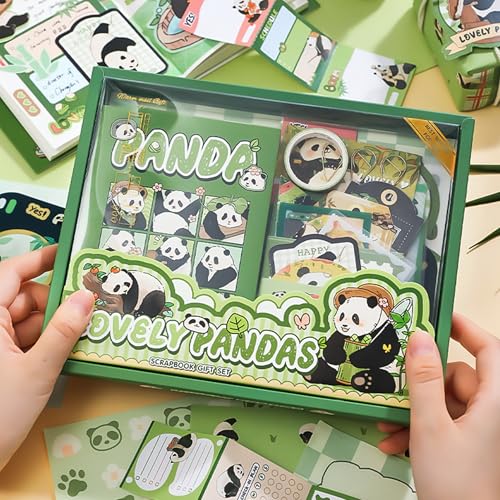 Image of The AutoStory Bear Scrapbook Album A6 Junk Journal Notebook Cute Animal Stickers Bamboo Collage Paper Washi Tape DIY Craft Art Making Stationery Present Teen Girls Set (Lovely Pandas, Green)