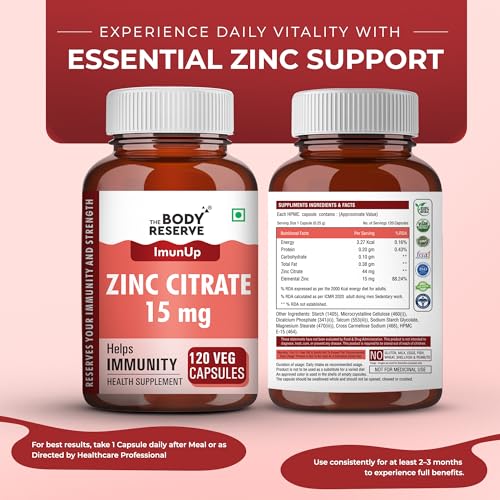 Image of The Body Reserve Zinc Citrate - High Absorption Zinc Supplement for women & men | Supports Immunity & Antioxidant Support, 120 Veg Capsules