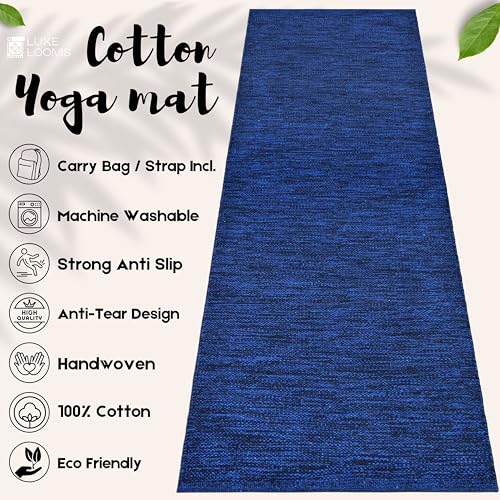 Image of Pure Cotton Yoga Mat for Women and Men, Size- 60x180 cm (2x6 feet), Handloom Woven with 6 mm Thick, Strong Anti-Slip Backing, Eco-Friendly (Blue)