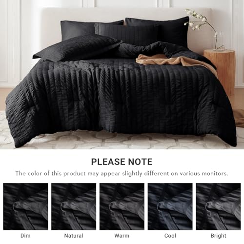 MUXHOMO 7 Pieces Queen Comforter Set, Seersucker Bed in a Bag Queen Size, All Season Luxury Bedding Set with Comforter, Flat Sheet, Fitted Sheet, Pillowcases & Shams, Black