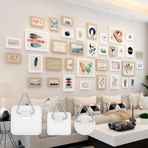 Image of 48 Pcs Invisible Adhesive Plate Hanger Plastic Adhesive Picture Hanging Hooks without Nails Plastic Holders Sticky Hangers for Plate Pictures Wall Art Decor Supplies, White