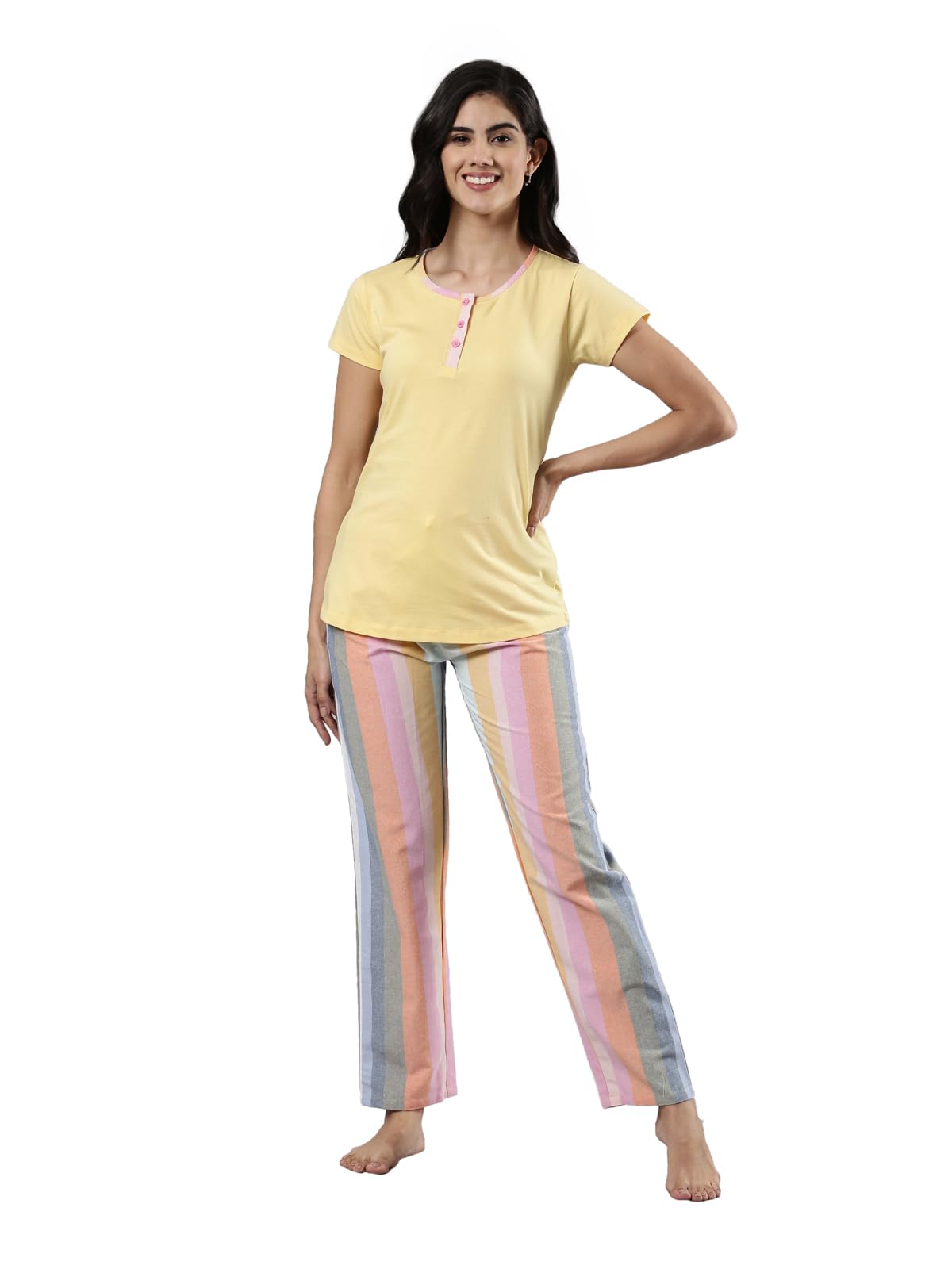 femmora Comfortable Fit Top and Bottom Night Suit Set with Solid top and Striped Print on The Bottom, Breathable Cotton Fabric with Drawstring Waistband Closure, for Women, Pack of 1-picture-47
