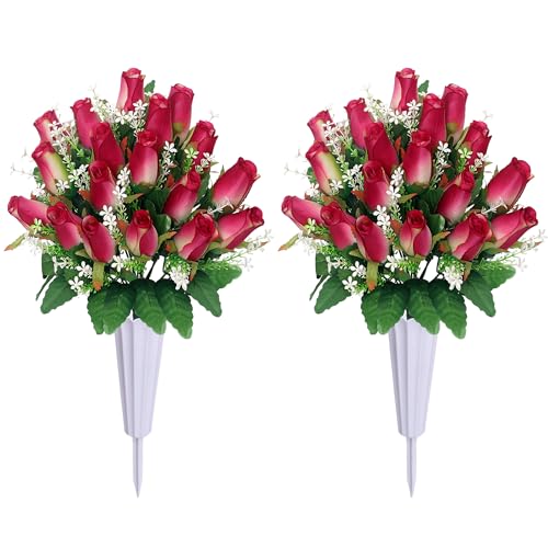 Artificial Cemetery Flowers for Grave,2Pack Memorial Roses Bouquets with Vase for Grave Tombstone Decorations (2, Rose Red) image 5