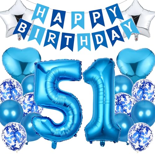 Feelairy Ballon Anniversaire 51 ans Homme, Décoration Anniversaire 51 ans Homme Bleu Happy Birthday Décoration Ballon Anniversaire Kit de Fournitures de Fête pour 51 ans Anniversaire Homme