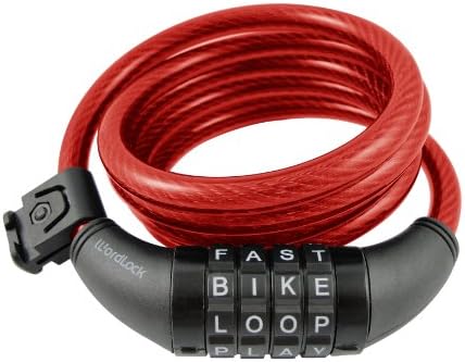 Wordlock CL-408-RD 4-Letter Combination Bike Lock Cable, Red, 5-Feet