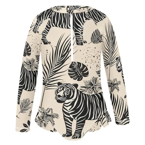 Black Tigers Tropical Beige Girls Long Sleeve One-Piece Swimsuit UV Protection Swimwear Bathing Suit 208618722