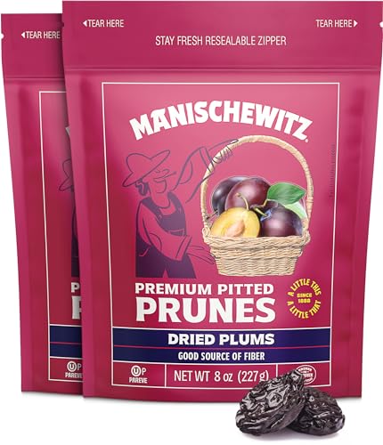 Manischewitz Premium Unsweetened California Pitted Prunes, 8oz (2 Pack = 1 Pound ) | Resealable Bags | Gluten Free | No Sugar Added | Good Source of Fiber | Product of the USA | Kosher | Made from