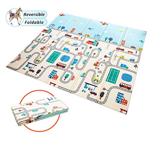 Extra Large Baby Play Mat Foldable Reversible Non Toxic Foam Crawl Playmat Waterproof Kids Baby Toddler Outdoor or Indoor Use (70.8x78x0.4in) (Educational ABC + Little Horse)