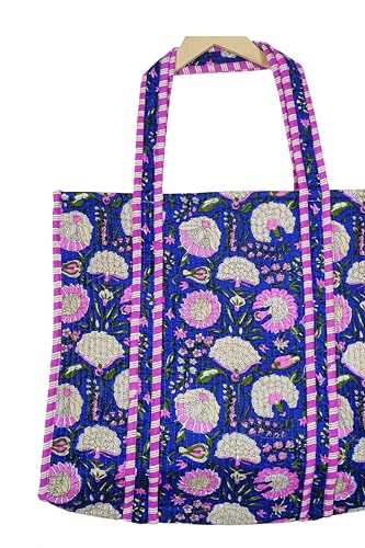 Image of Quilted Cotton Handprinted Reversible Large multicolor Floral Tote Bag,Hand Block Print Shopping Shoulder Carry Bag