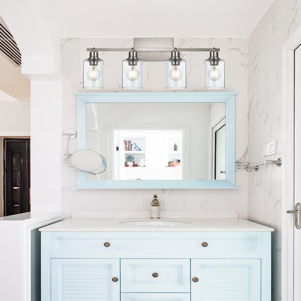 Bathroom Vanity Lighting,Modern 4-Light Track Lighting Fixtures Ceiling,Brushed Nickel Semi Flush Mount Ceiling Light with Clear Glass Shade Flexibly Rotatable Light Head Kitchen Track Light