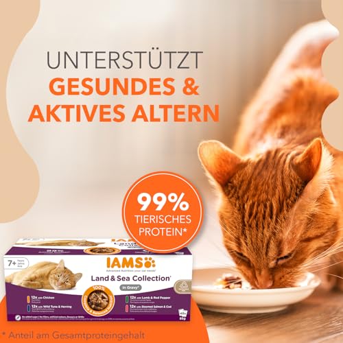 IAMS Delights Land & Sea Collection Senior Katzenfutter Nass - Multipack mit Fleisch und Fisch Sorten in Sauce, Nassfutter für ältere Katzen ab 7 Jahre, 48 x 85 g