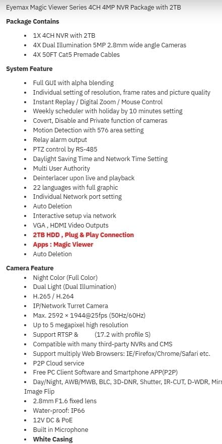 Eyemax Magic Viewer Series 4CH CCTV NVR with 4PCS 5MP in/Outdoor Full Color IPC Camera Package (4, TB)