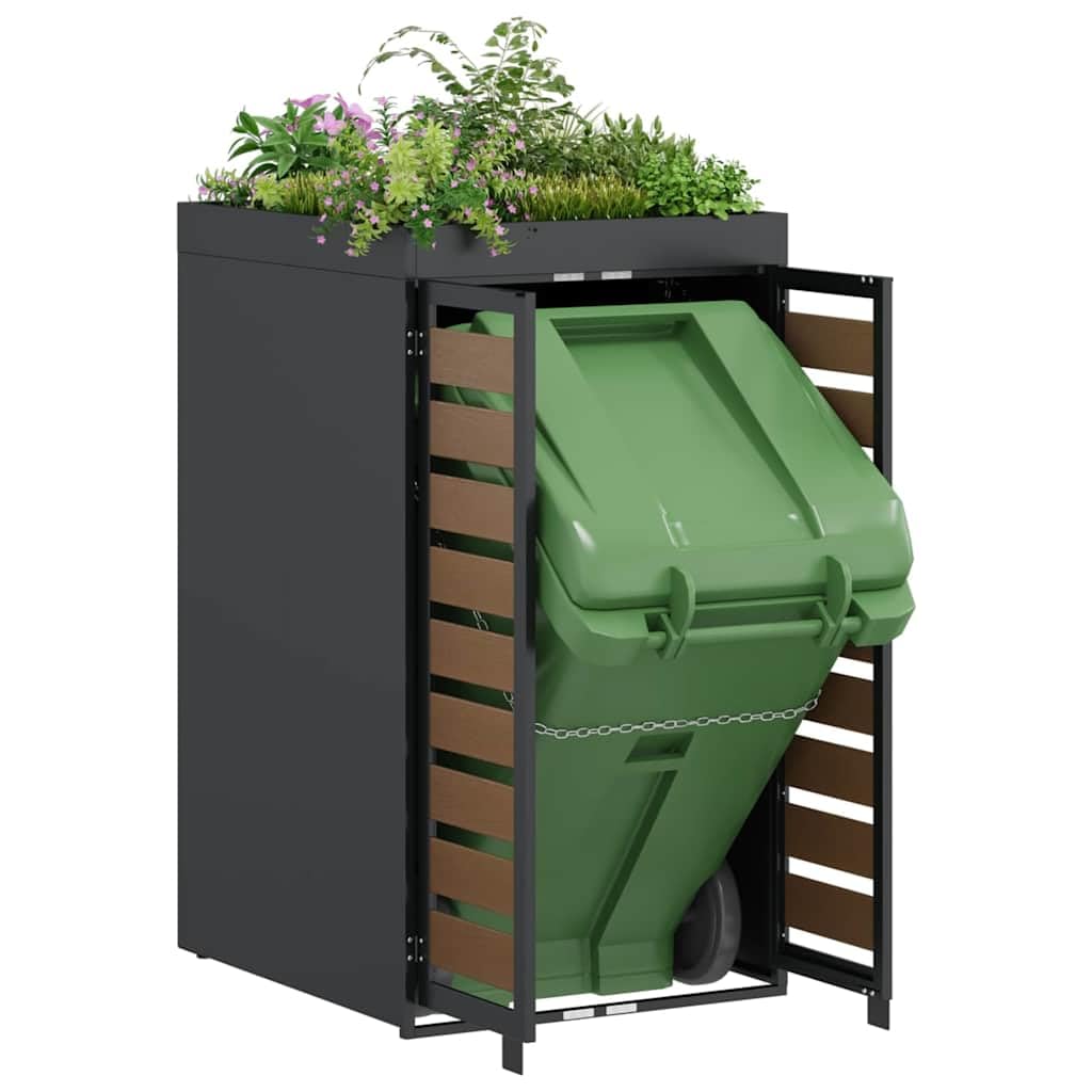 ACAGALA Copribidone per Spazzatura rifiuti 240L con Tetto a Fioriera, Antracite, Doppie Aperture e 2 Porte, Acciaio & HDPE Inox, Ventilato con Scarico, 65x73x113 cm