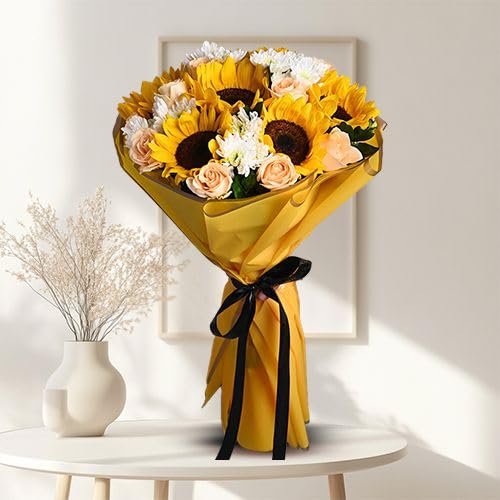 FLORANET Radiant Sunshine Mixed Floral Wrapped Tissue Bouquet of 10 Peach Roses, 6 Sunflowers, 2 White Daisies for Birthday, Anniversary, Wedding, Congratulations & Mother’s Day with Same Day Delivery-image-41