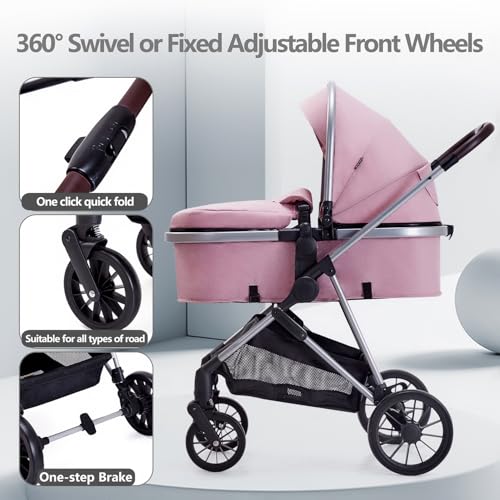 Lortsybab Infant Newborn Baby Stroller - 2 in 1 Pram Stroller with Reversible Seat, for 0-36 Months Babies (Pink) - Thumbnail 6