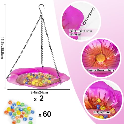 MeyRolizn Bee Watering Station for Outside, Hanging Bee & Butterfly Feeder for Garden with Vivid Flower Design, Metal Bee Insect Drinking Cups with Glass Marbles for Outdoors Yard Decor (2 Pack)