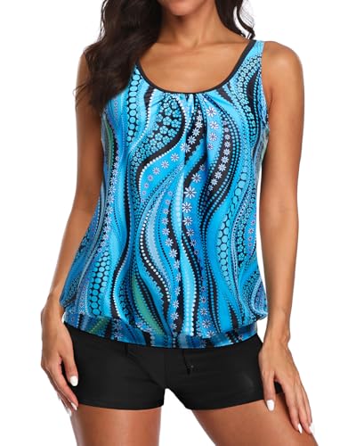 Image of Aqua Eve Two Piece Women's Tankini Swimsuits Blouson Swim Tank Top with Shorts Modest Bathing Suits